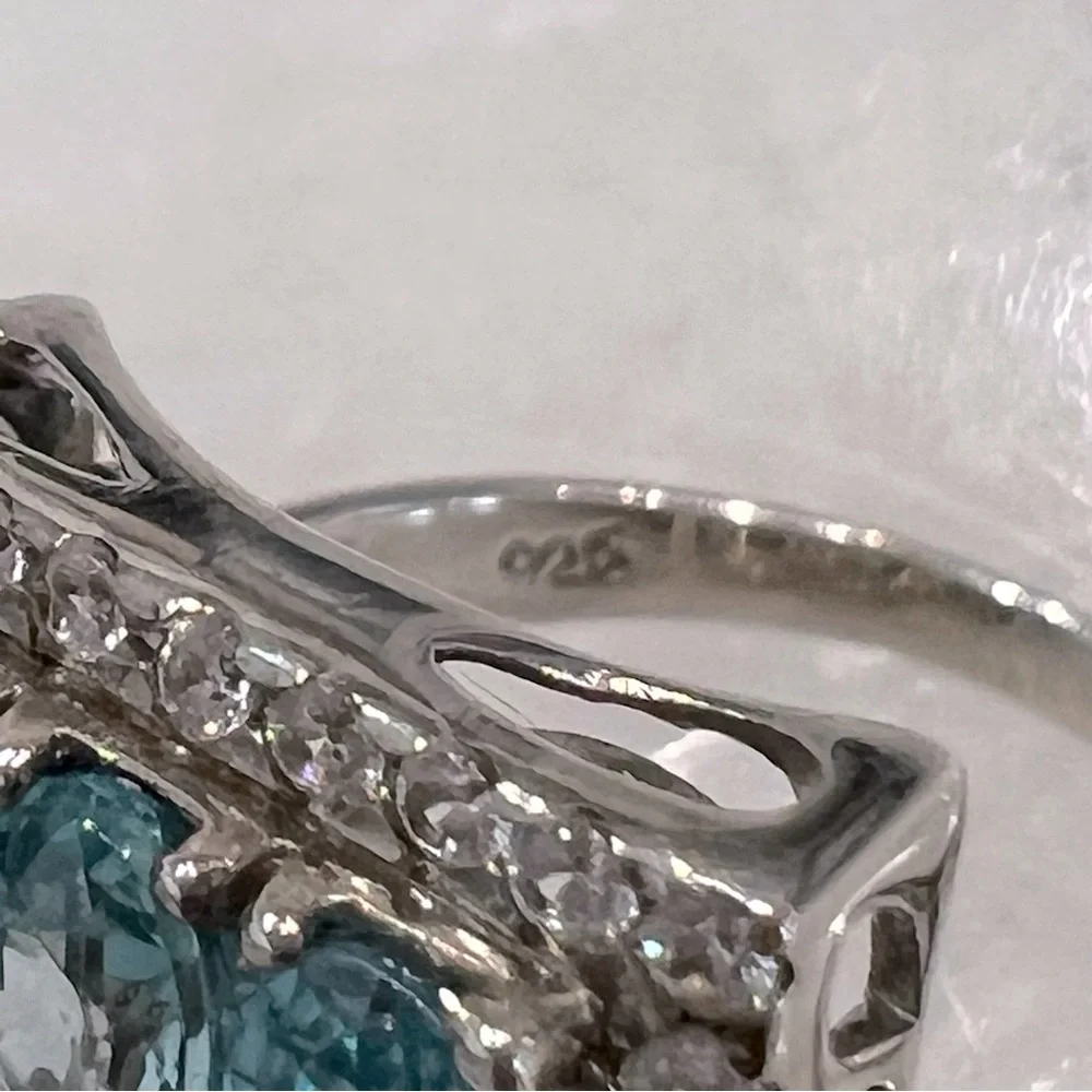Cambodian Blue Zircon White Zircon Sterling Silver Rectangular Cluster R… - Picture 13 of 14